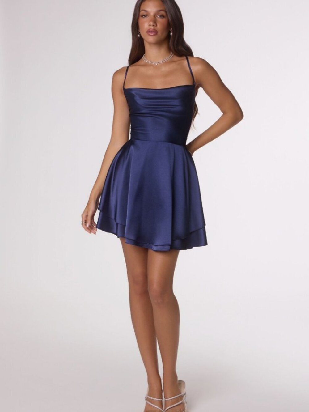 New Navy Sleeveless Mini Soft Satin Party Dress w/ Open Lace Up Back CD T616